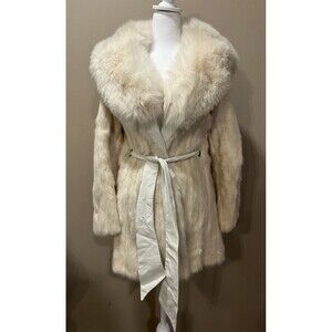 Vintage Genuine White Fox Fur Coat Mid Length Leather Glam Classy Mob Wife S/M